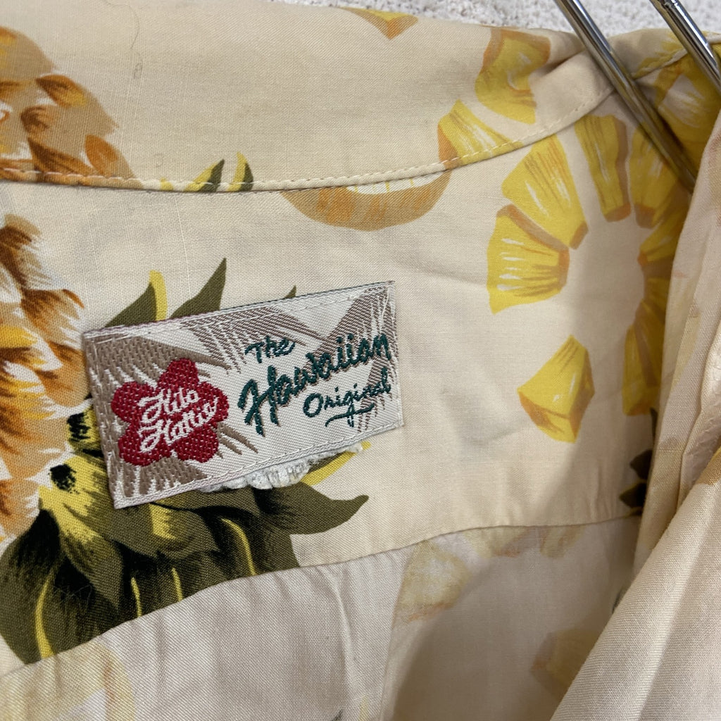 90s～　Hilo Hattie　ヒロッティ　HAWAIIAN　ハワイアン　半袖開襟アロハシャツ　パイナップル柄　ヴィンテージ　総柄　ベージュ