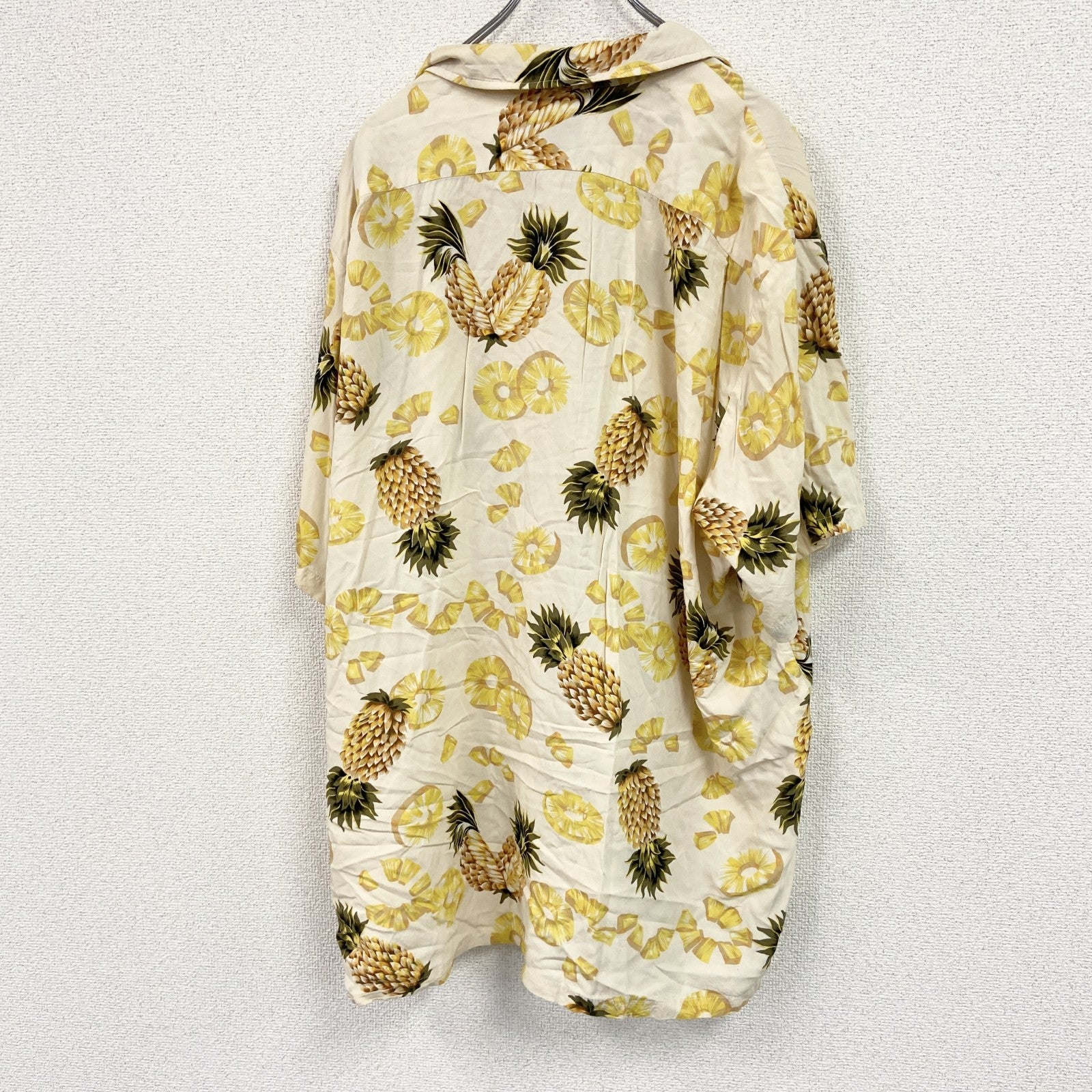 90s～　Hilo Hattie　ヒロッティ　HAWAIIAN　ハワイアン　半袖開襟アロハシャツ　パイナップル柄　ヴィンテージ　総柄　ベージュ