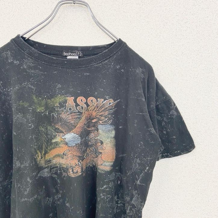 古着 used　boohoo　半袖アニマルプリントTシャツ　イーグル　鷹　レトロデザイン　クルーネック　黒　ブラック　