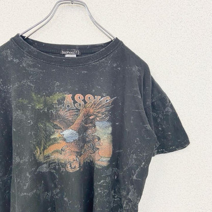 古着 used　boohoo　半袖アニマルプリントTシャツ　イーグル　鷹　レトロデザイン　クルーネック　黒　ブラック　