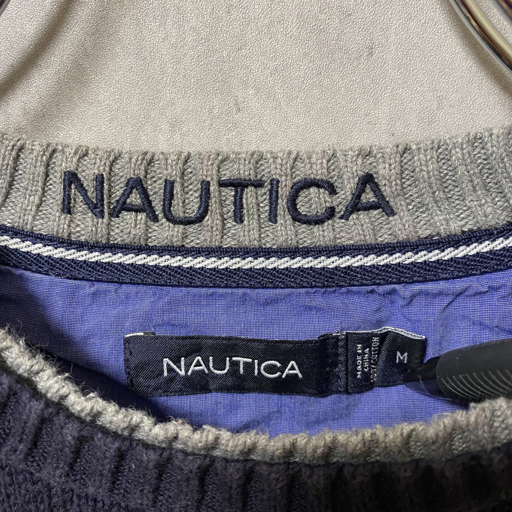 古着　used　NAUTICA ノーティカ　長袖ニット　セーター　ロゴ刺繍　ワンポイント　ネイビー　クルーネック　Mサイズ