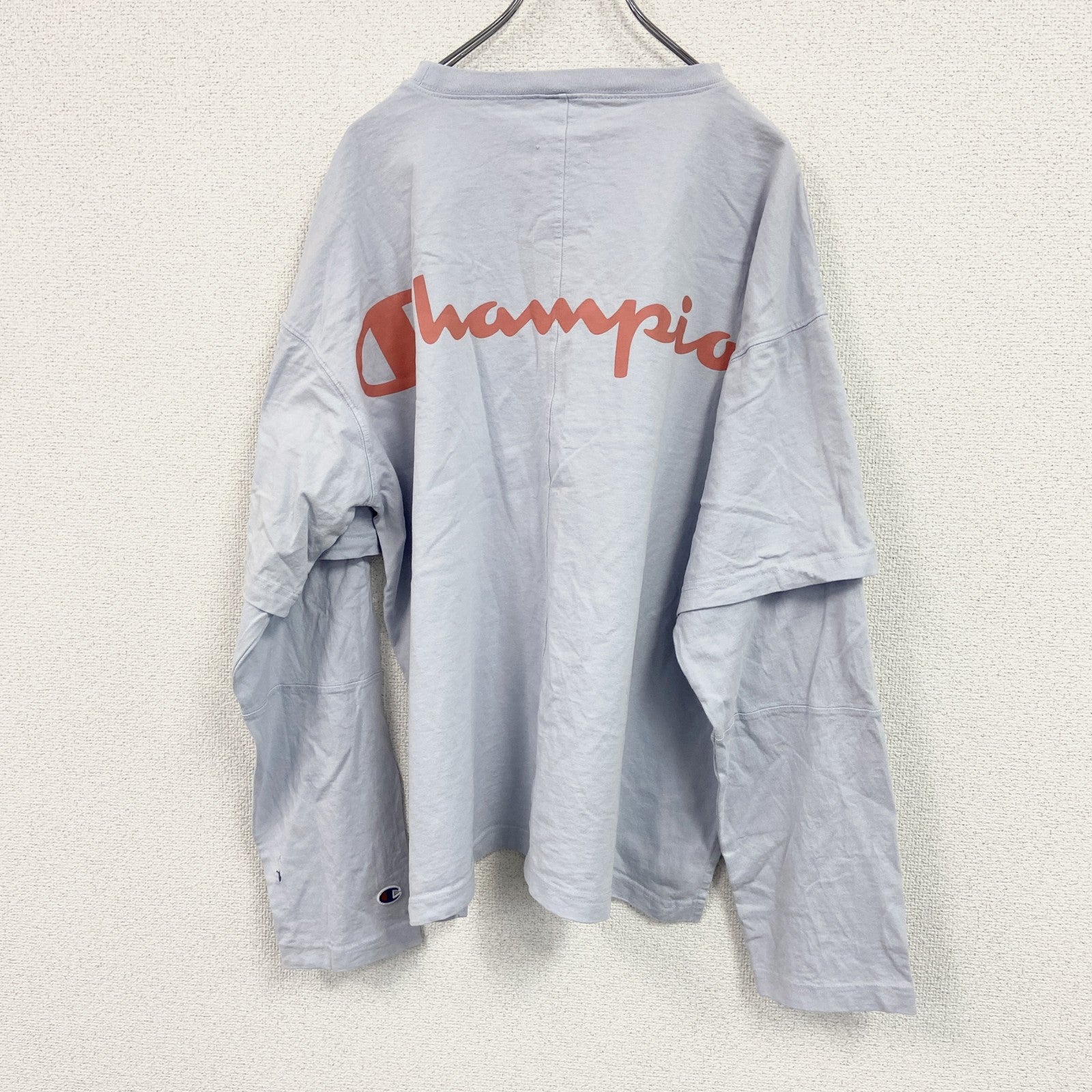 Champion　チャンピオン　長袖プリントTシャツ/ロンT　デカロゴ　刺繍ロゴ　水色　ライトブルー　FREEサイズ