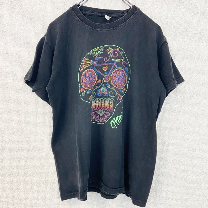 古着 used　半袖プリントTシャツ　メキシコ　スカル　骸骨　ドクロ　レトロデザイン　クルーネック　黒　ブラック　Mサイズ