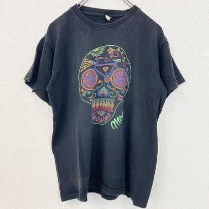 古着 used　半袖プリントTシャツ　メキシコ　スカル　骸骨　ドクロ　レトロデザイン　クルーネック　黒　ブラック　Mサイズ