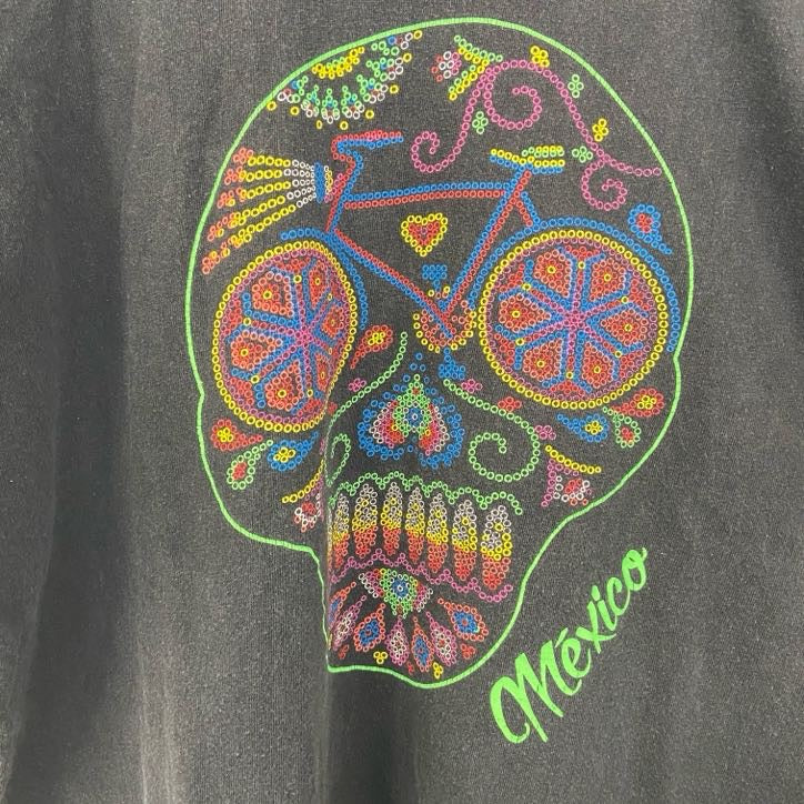 古着 used　半袖プリントTシャツ　メキシコ　スカル　骸骨　ドクロ　レトロデザイン　クルーネック　黒　ブラック　Mサイズ