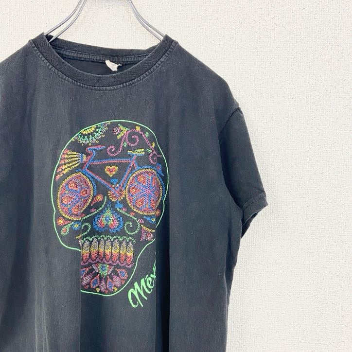 古着 used　半袖プリントTシャツ　メキシコ　スカル　骸骨　ドクロ　レトロデザイン　クルーネック　黒　ブラック　Mサイズ