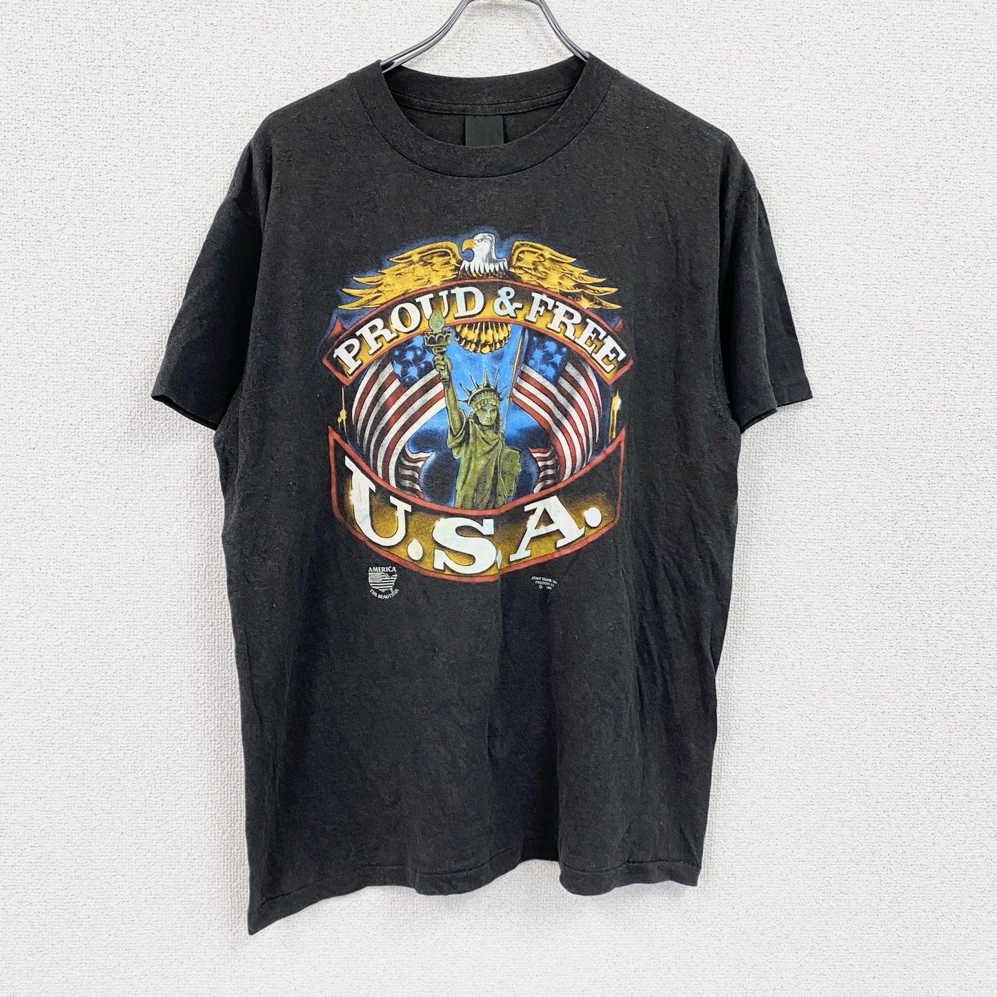 90s　PROUD&FREE USA　半袖Tシャツ　シングルステッチ　星条旗　アーチプリント　ヴィンテージ　黒　ブラック