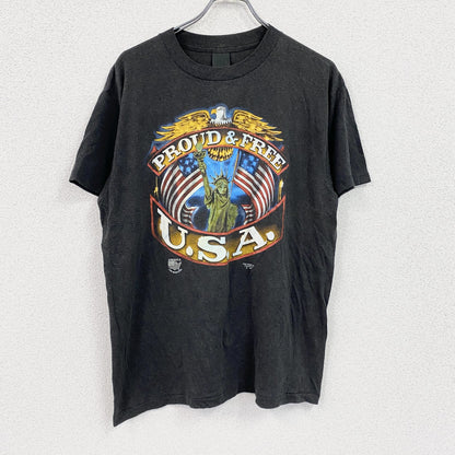 90s　PROUD&FREE USA　半袖Tシャツ　シングルステッチ　星条旗　アーチプリント　ヴィンテージ　黒　ブラック