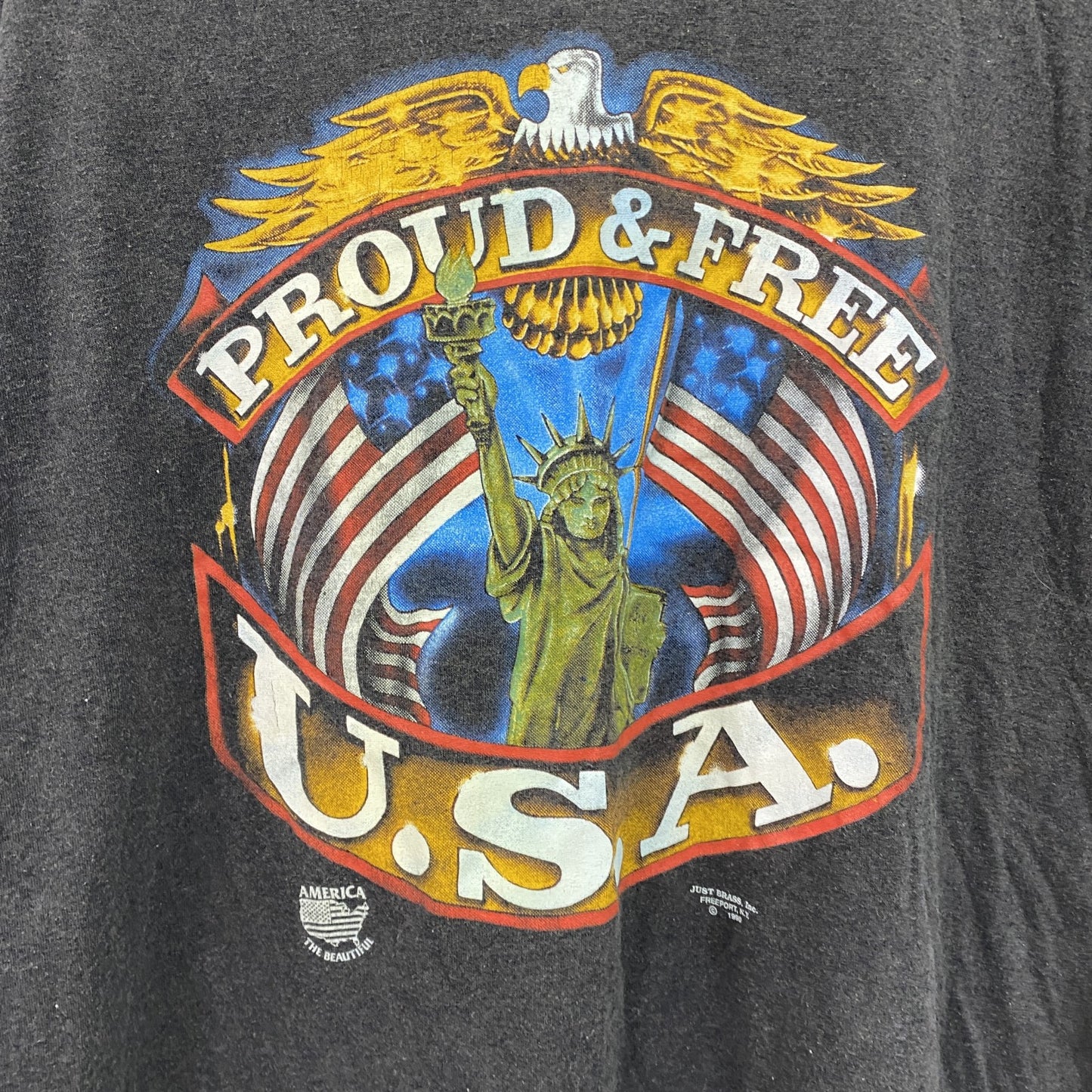 90s　PROUD&FREE USA　半袖Tシャツ　シングルステッチ　星条旗　アーチプリント　ヴィンテージ　黒　ブラック