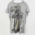 古着 used　LARGE　半袖プリントTシャツ　レトロデザイン　ティラノサウルス　恐竜　クルーネック　灰色　グレー