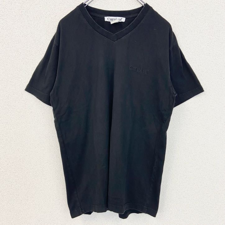 古着 used　Carnival　半袖ワンポイントロゴTシャツ　刺　Vネック　レトロデザイン　黒　ブラック　Mサイズ