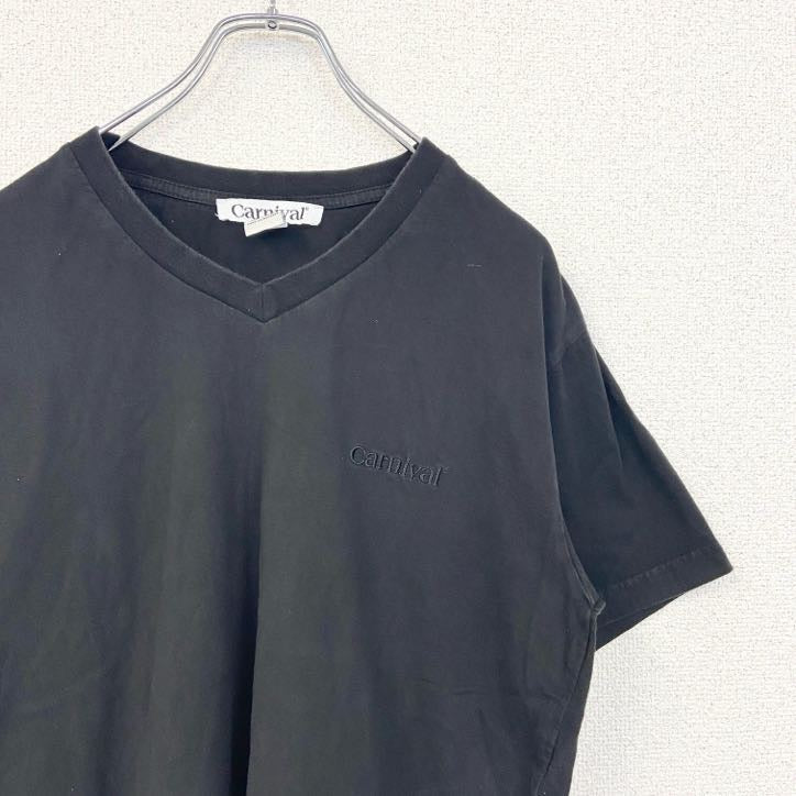 古着 used　Carnival　半袖ワンポイントロゴTシャツ　刺　Vネック　レトロデザイン　黒　ブラック　Mサイズ