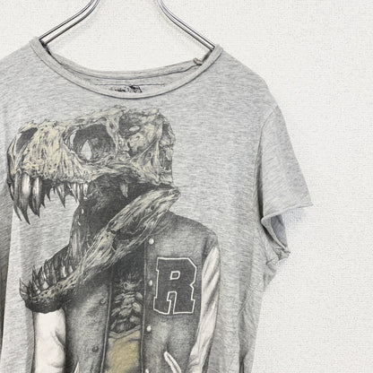 古着 used　LARGE　半袖プリントTシャツ　レトロデザイン　ティラノサウルス　恐竜　クルーネック　灰色　グレー