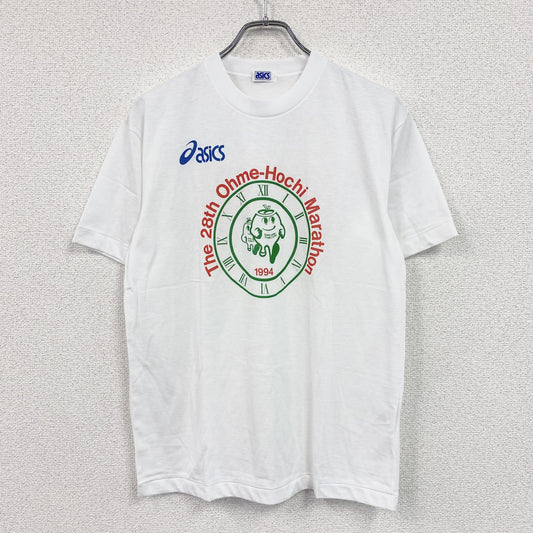 90s　asics　アシックス　青梅マラソン　半袖プリントTシャツ　シングルステッチ　アーチプリント　白　ホワイト　Lサイズ