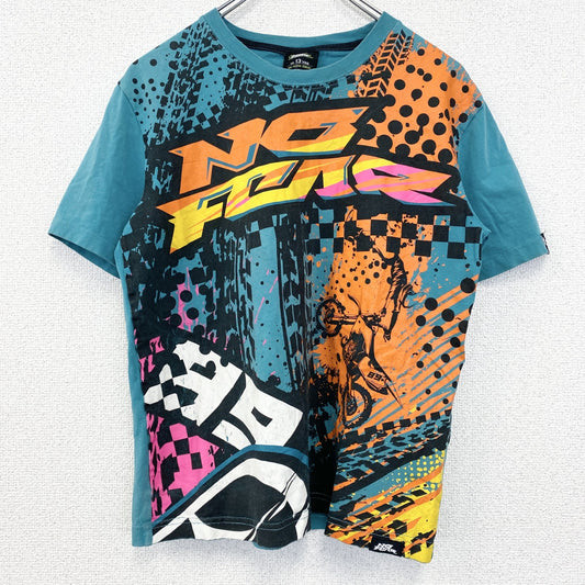 古着 used　NO FEAR　ノーフィア　半袖プリントTシャツ　クルーネック　レトロデザイン　バイク　水色　ブルー　