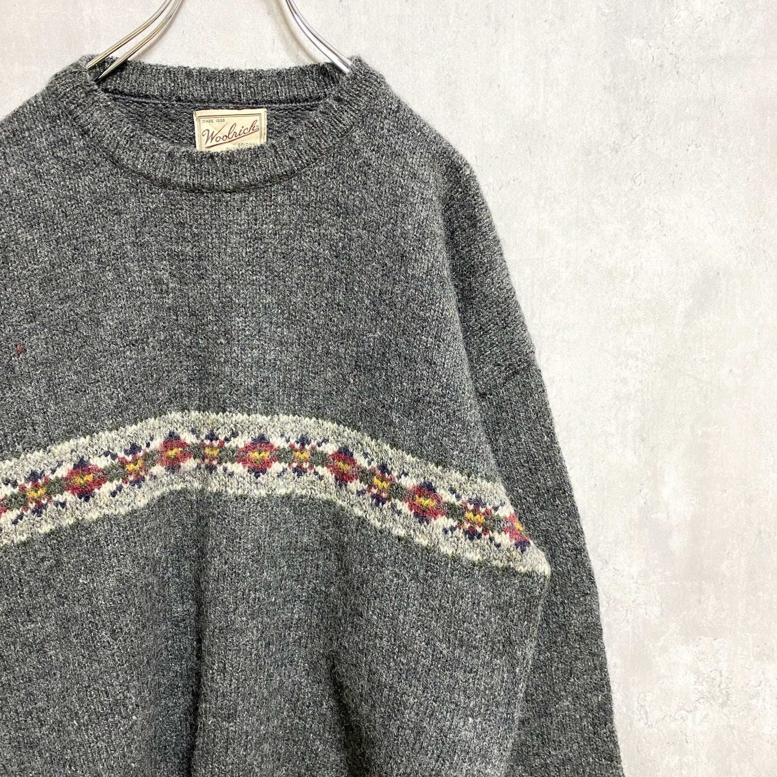 古着　used　WOOLRICH　ウールリッチ　長袖ノルディック柄ニット　セーター　USA製　ダークグレー　ヴィンテージ　Mサイズ
