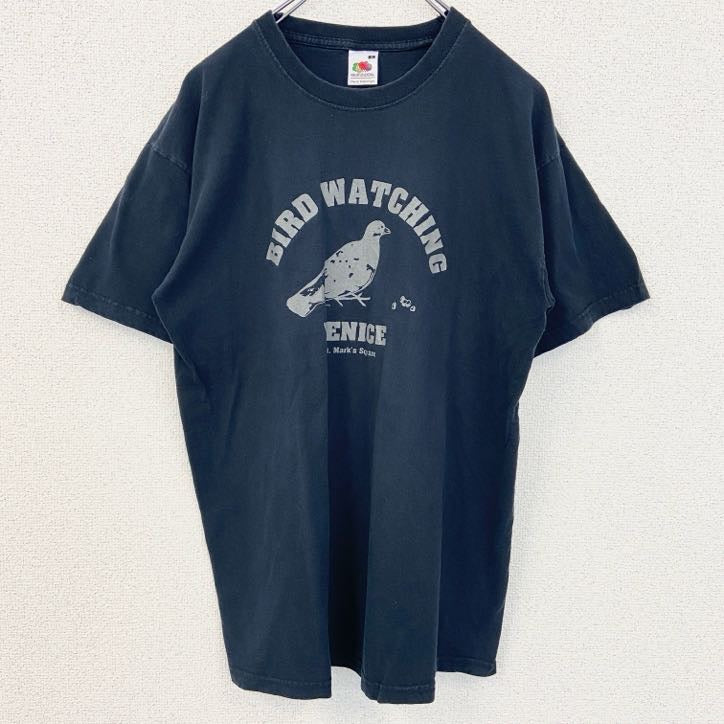 古着 used　FRUIT OF THE LOOM　半袖アニマルプリントTシャツ　鳥　レトロ　クルーネック　黒　ブラック　Mサイズ