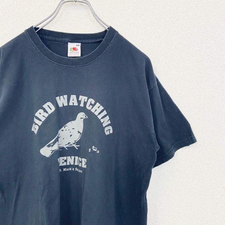 古着 used　FRUIT OF THE LOOM　半袖アニマルプリントTシャツ　鳥　レトロ　クルーネック　黒　ブラック　Mサイズ