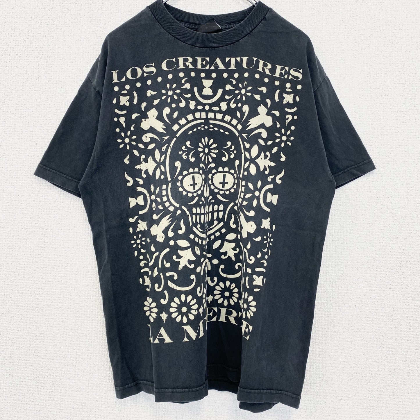 古着 used　NHS　半袖プリントTシャツ　クルーネック　レトロデザイン　骸骨　メキシカンスカル　黒　ブラック　