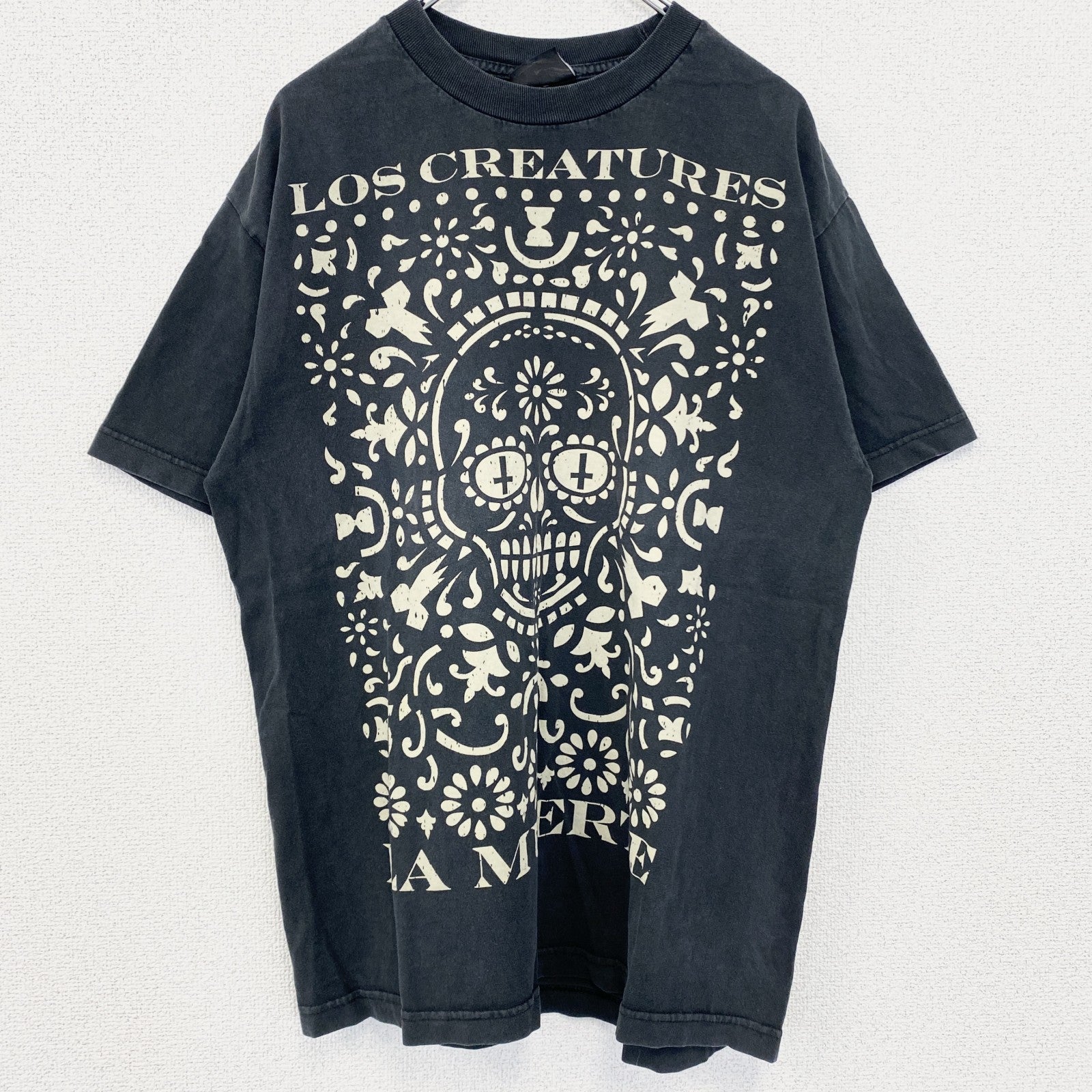 古着 used　NHS　半袖プリントTシャツ　クルーネック　レトロデザイン　骸骨　メキシカンスカル　黒　ブラック　
