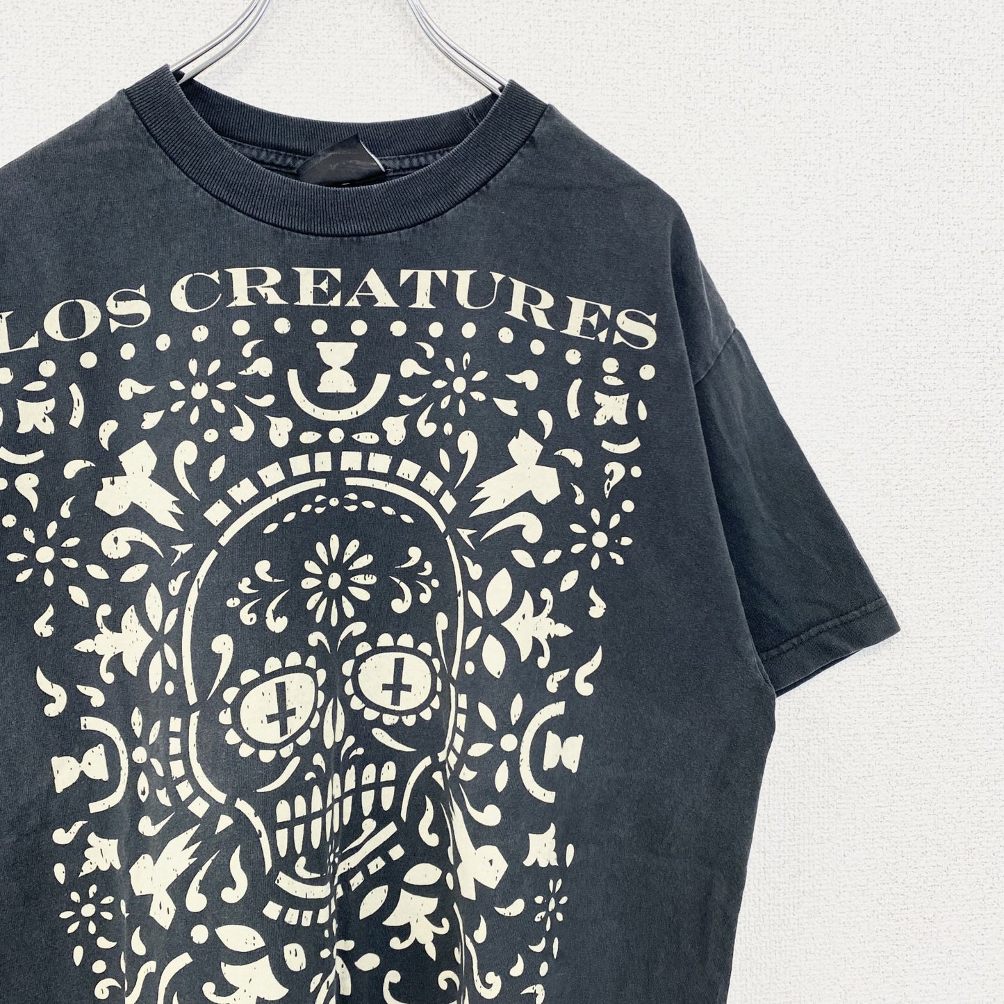 古着 used　NHS　半袖プリントTシャツ　クルーネック　レトロデザイン　骸骨　メキシカンスカル　黒　ブラック　