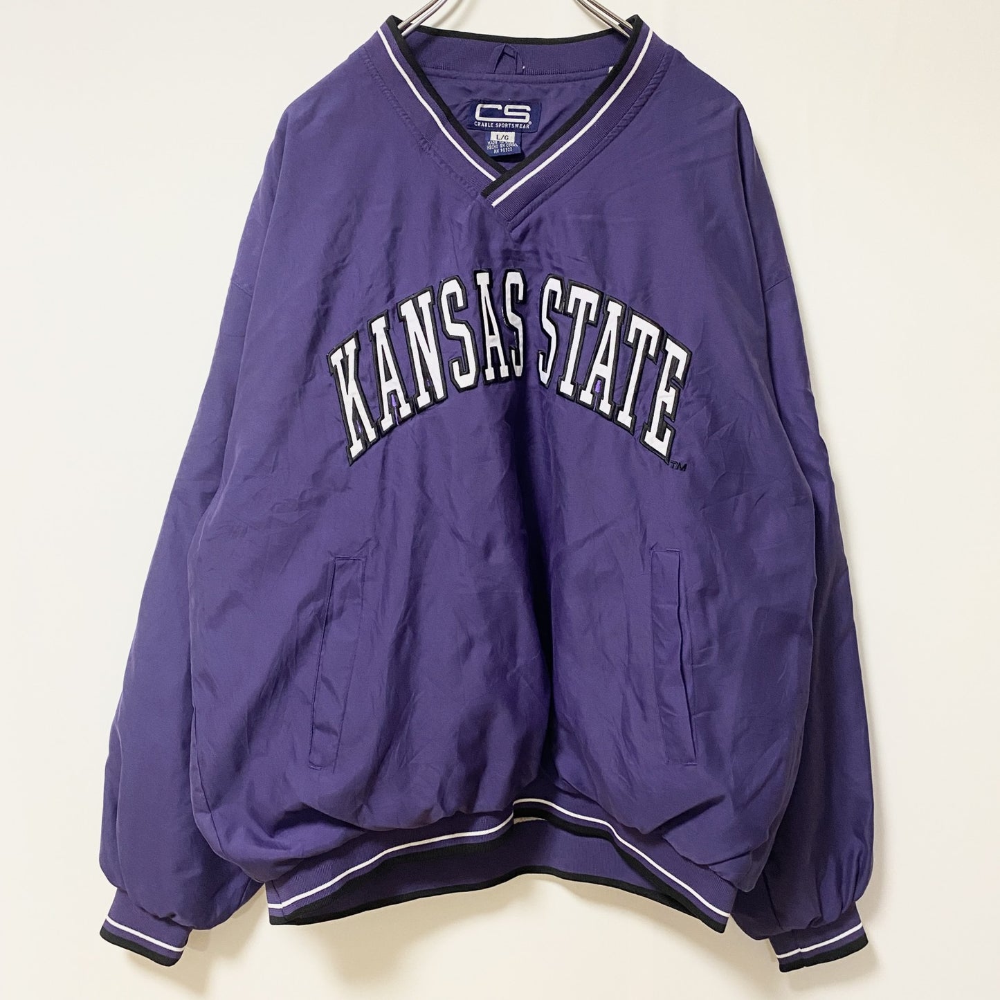 古着 used　CRABLE SPORTSWEAR　長袖カレッジ刺繍ナイロンプルオーバー　カンザス州立大学　レトロ　XLサイズ