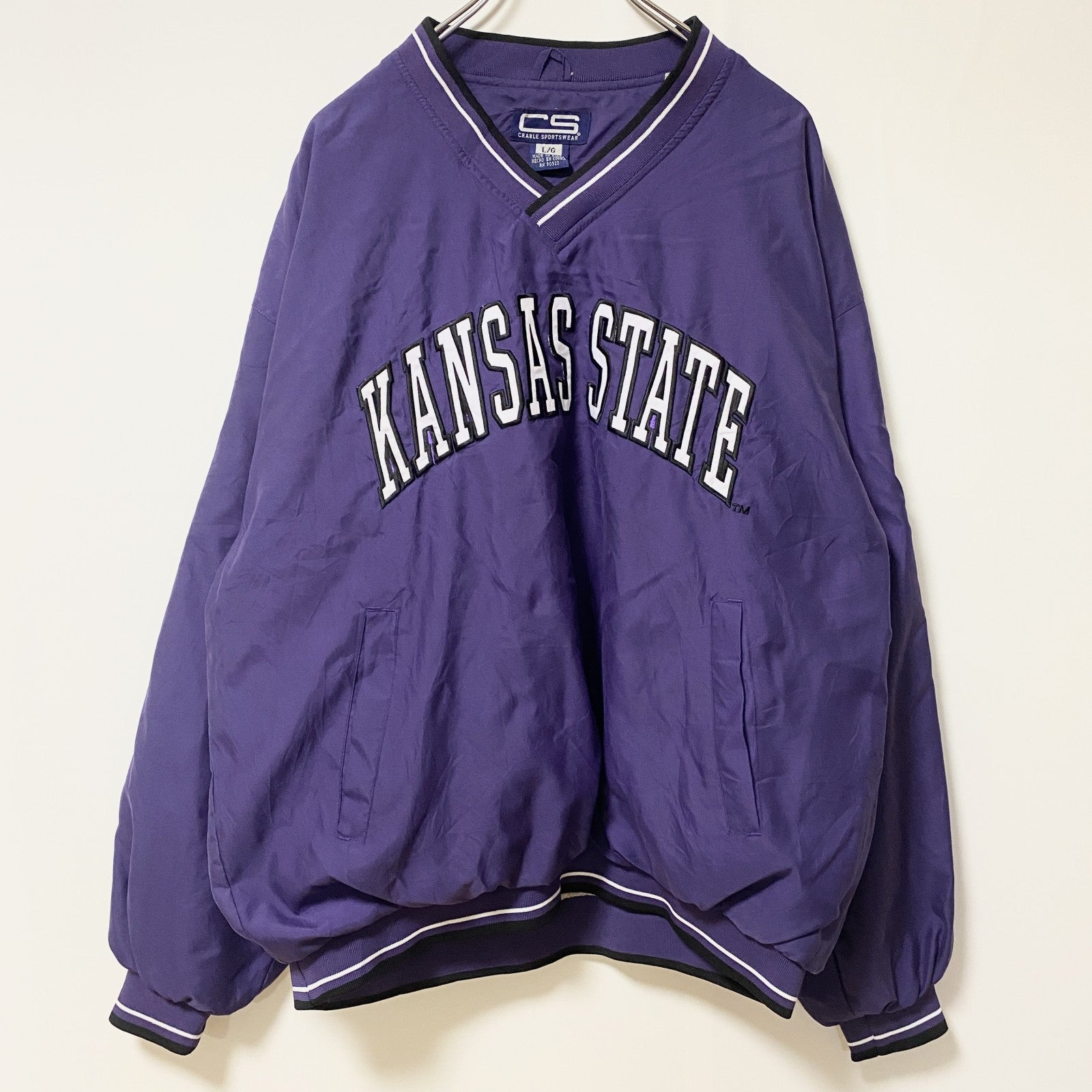 古着 used　CRABLE SPORTSWEAR　長袖カレッジ刺繍ナイロンプルオーバー　カンザス州立大学　レトロ　XLサイズ