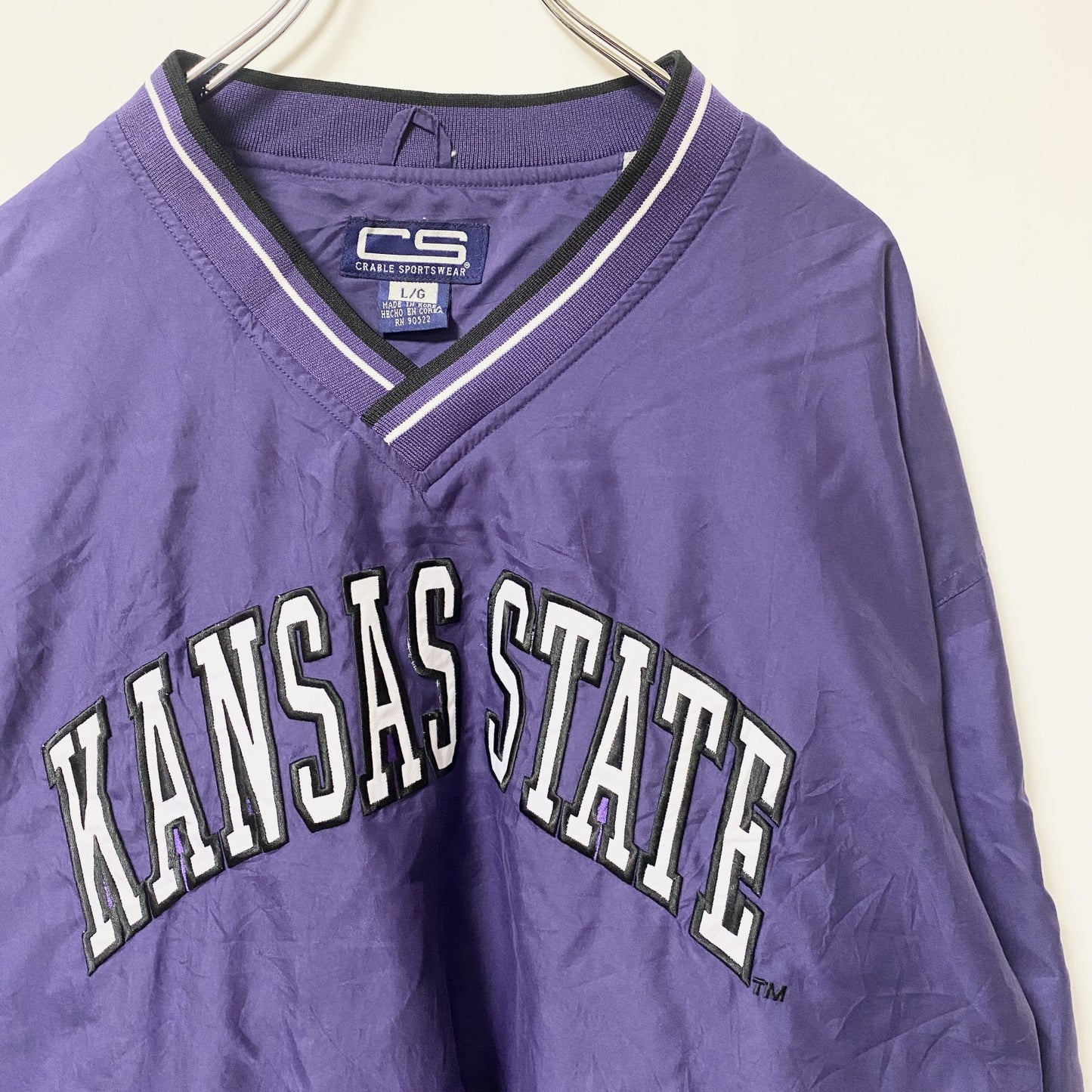 古着 used　CRABLE SPORTSWEAR　長袖カレッジ刺繍ナイロンプルオーバー　カンザス州立大学　レトロ　XLサイズ
