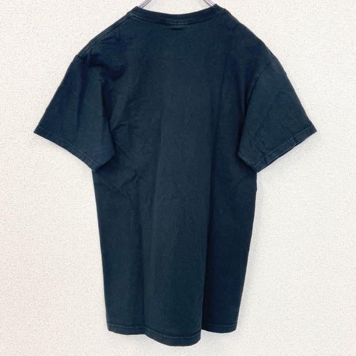 古着 used　半袖プリントワンポイントTシャツ　胸ポケット　レトロデザイン　クルーネック　人物　女性　黒　ブラック