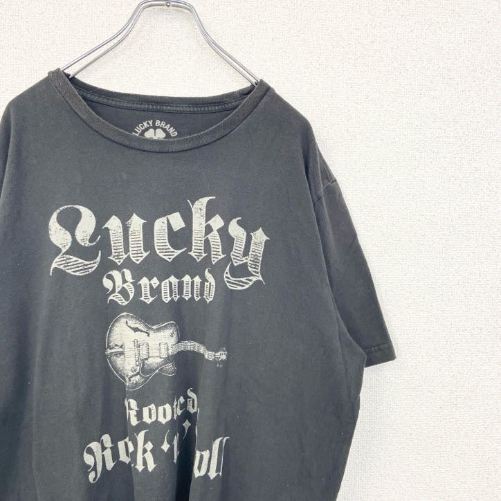 古着 used　LUCKY BRAND　半袖プリントTシャツ　ギター　レトロデザイン　クルーネック　黒　ブラック　XLサイズ