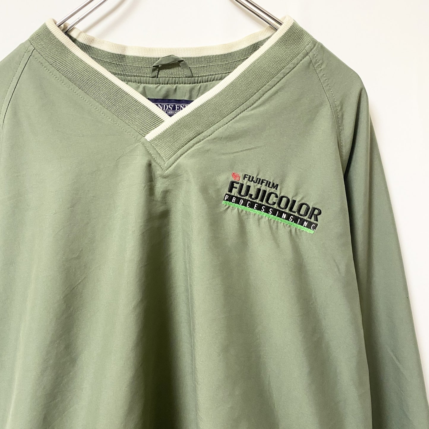 古着 used　LANDS'END ランズエンド　長袖ナイロンプルオーバー　ウィンドブレーカー　グリーン　富士フイルム　Lサイズ