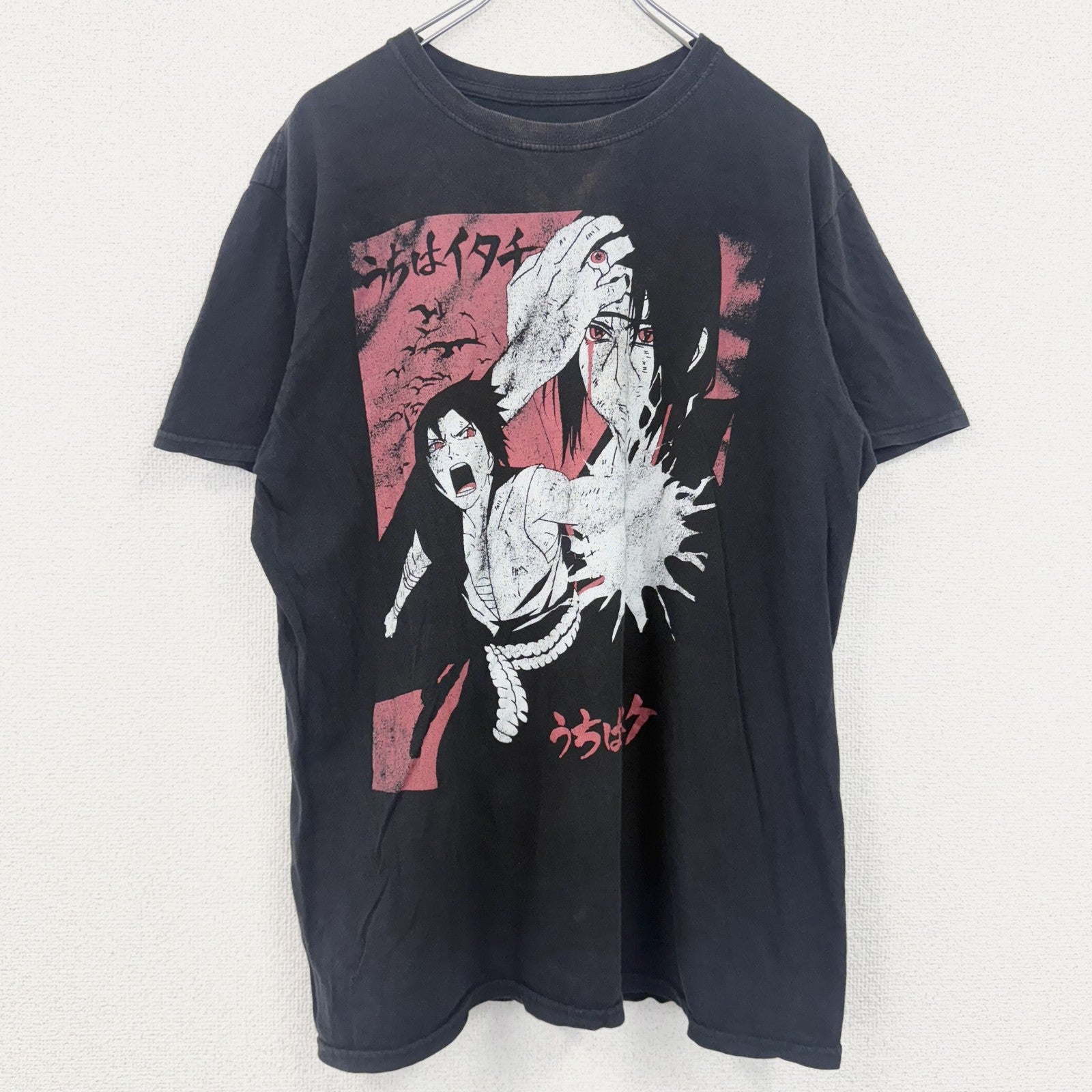 古着 used　ナルト　NARUTO　半袖アニメプリントTシャツ　イタチ　サスケ　クルーネック　レトロ　黒　ブラック　XLサイズ