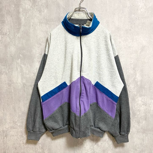 ～90s　ACTIVEWEAR　フルジップ切替スウェット　トレーナー　グレー　パープル　オーバーサイズ　XLサイズ