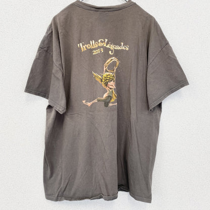 古着 used　GILDAN ギルダン　半袖プリントTシャツ　クルーネック　レトロデザイン　ブラウン　バックプリント　XLサイズ