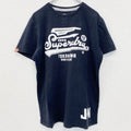 古着 used　SUPERDRY　スパードライ　半袖プリントTシャツ　クルーネック　レトロデザイン　紺　ネイビー　ブルー