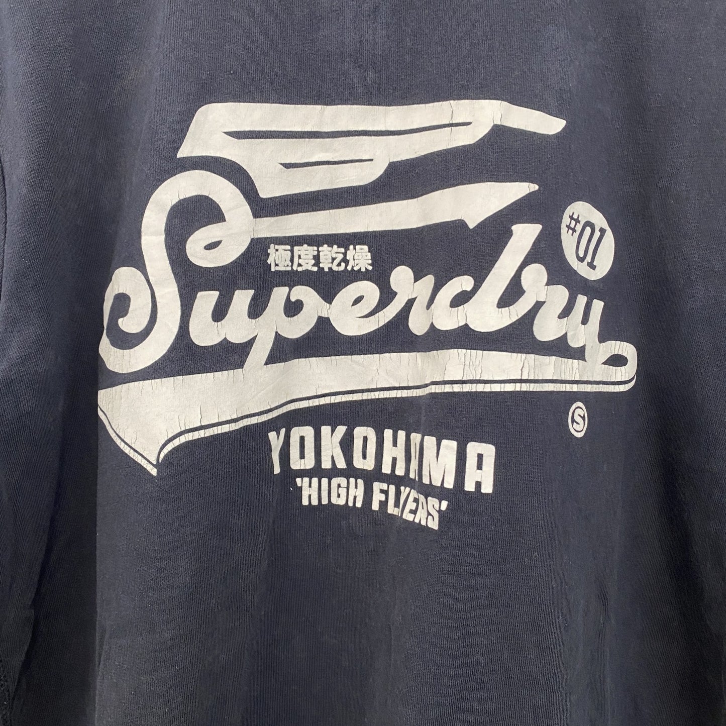 古着 used　SUPERDRY　スパードライ　半袖プリントTシャツ　クルーネック　レトロデザイン　紺　ネイビー　ブルー