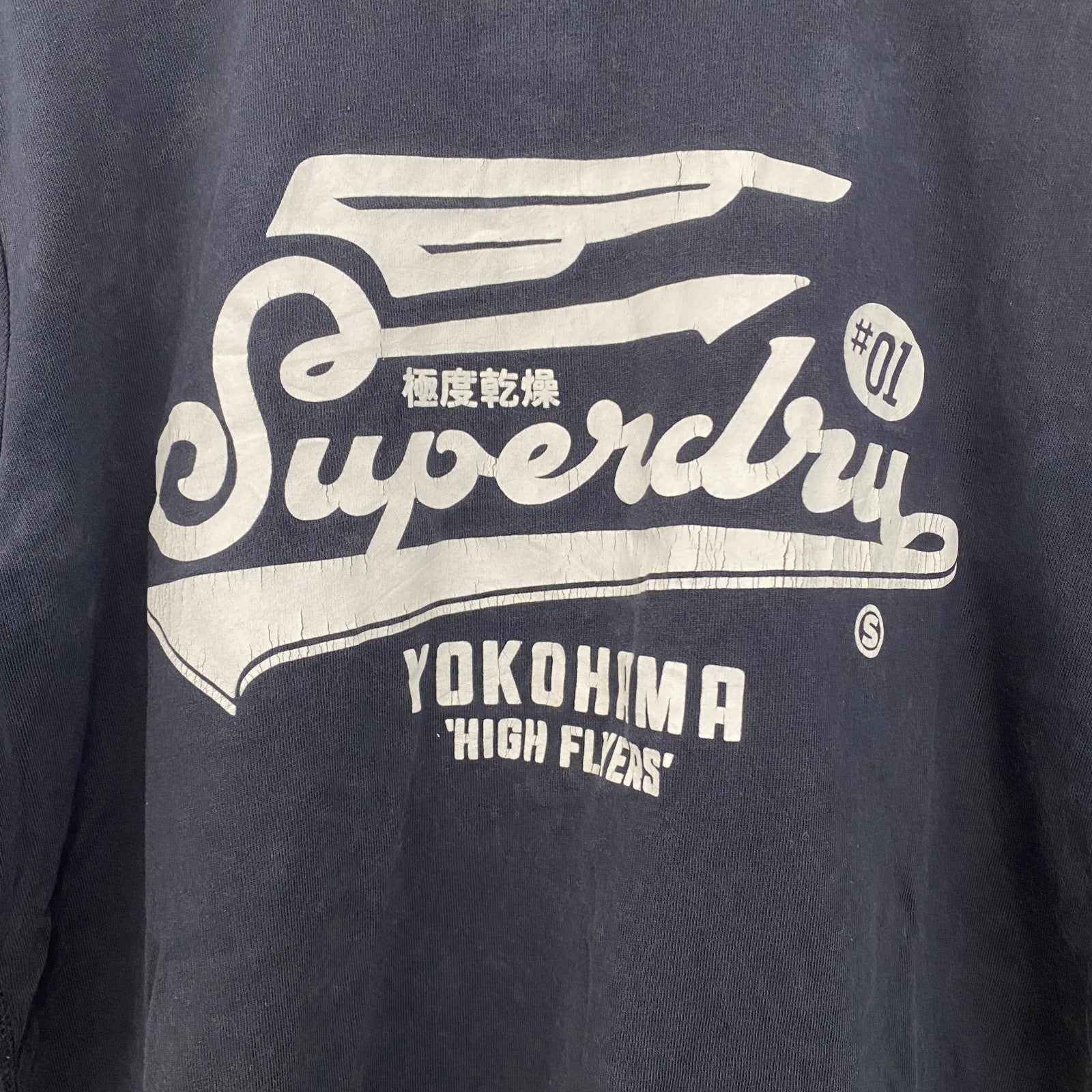 古着 used　SUPERDRY　スパードライ　半袖プリントTシャツ　クルーネック　レトロデザイン　紺　ネイビー　ブルー