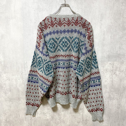 古着 used　長袖総柄ニット　セーター　ビックシルエット　クルーネック　ジャガード　秋冬服　マトンスリーブ　XLサイズ