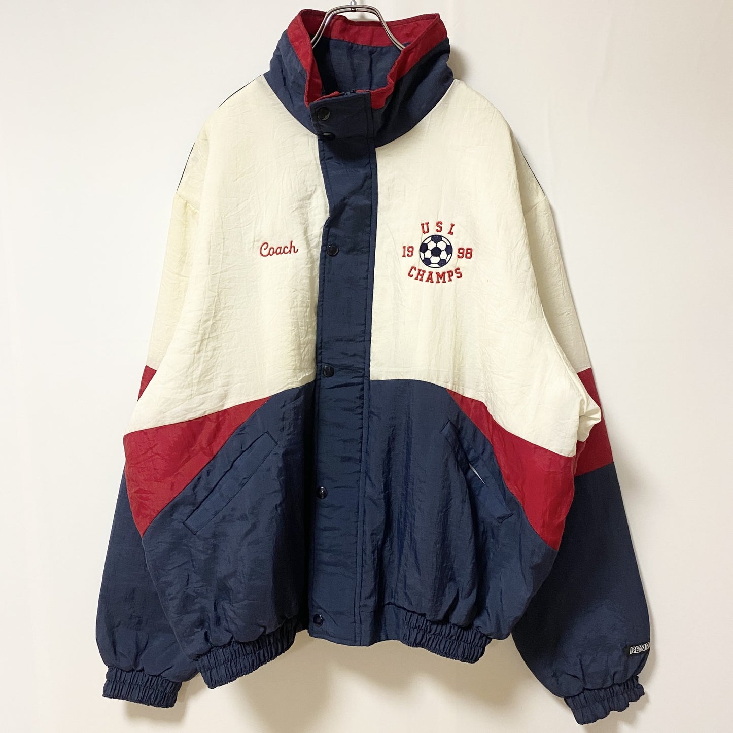 古着 used　USA製　RENNOC　長袖ジップアップブルゾン　刺繍ジャンパー　サッカー　紺　白　ビッグシルエット　XLサイズ
