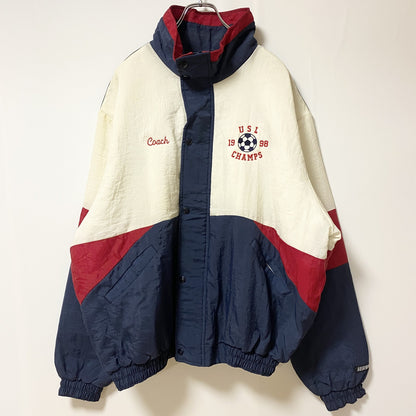 古着 used　USA製　RENNOC　長袖ジップアップブルゾン　刺繍ジャンパー　サッカー　紺　白　ビッグシルエット　XLサイズ