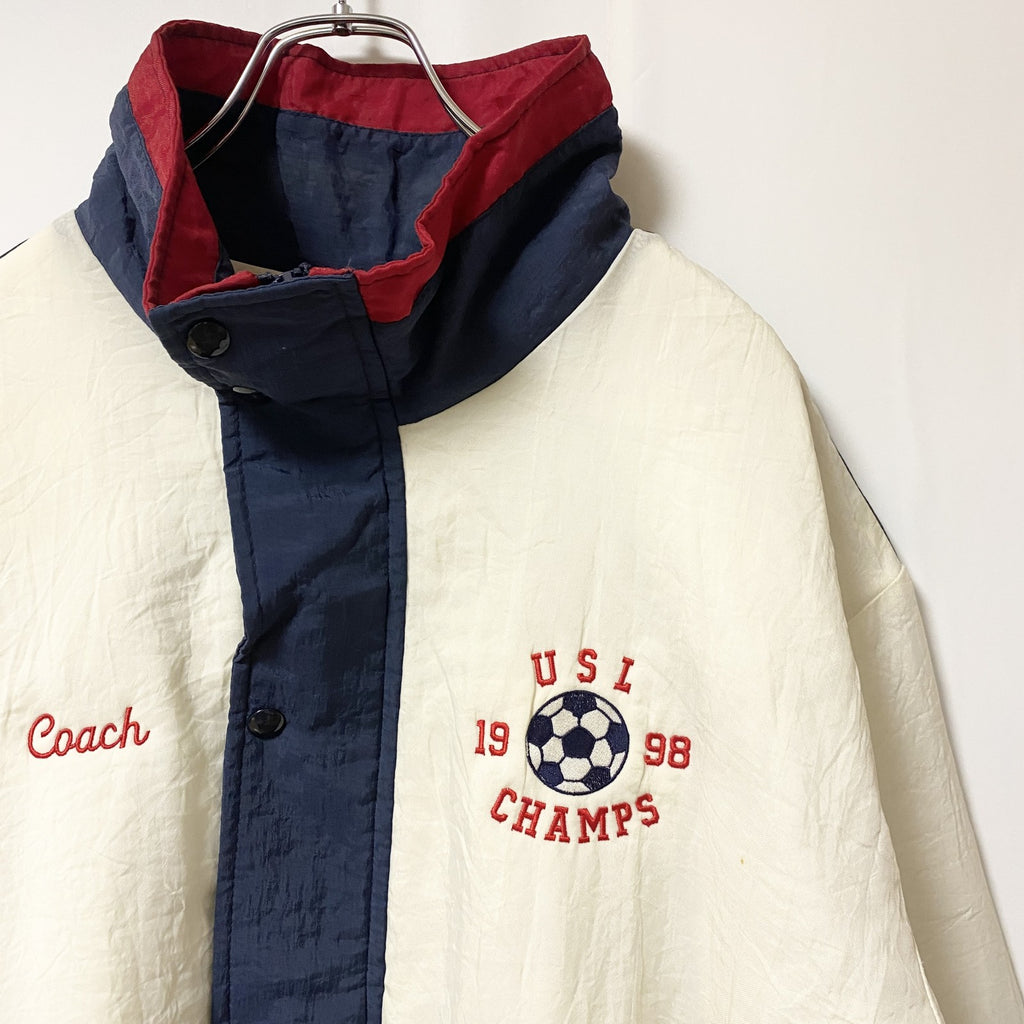 古着 used　USA製　RENNOC　長袖ジップアップブルゾン　刺繍ジャンパー　サッカー　紺　白　ビッグシルエット　XLサイズ