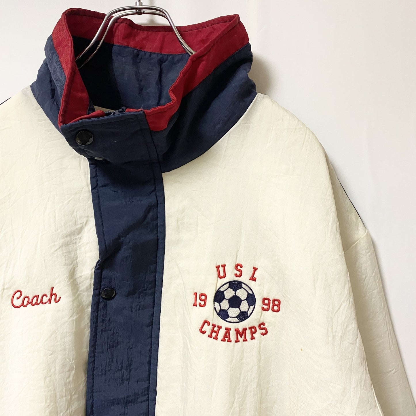 古着 used　USA製　RENNOC　長袖ジップアップブルゾン　刺繍ジャンパー　サッカー　紺　白　ビッグシルエット　XLサイズ
