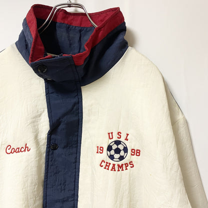 古着 used　USA製　RENNOC　長袖ジップアップブルゾン　刺繍ジャンパー　サッカー　紺　白　ビッグシルエット　XLサイズ