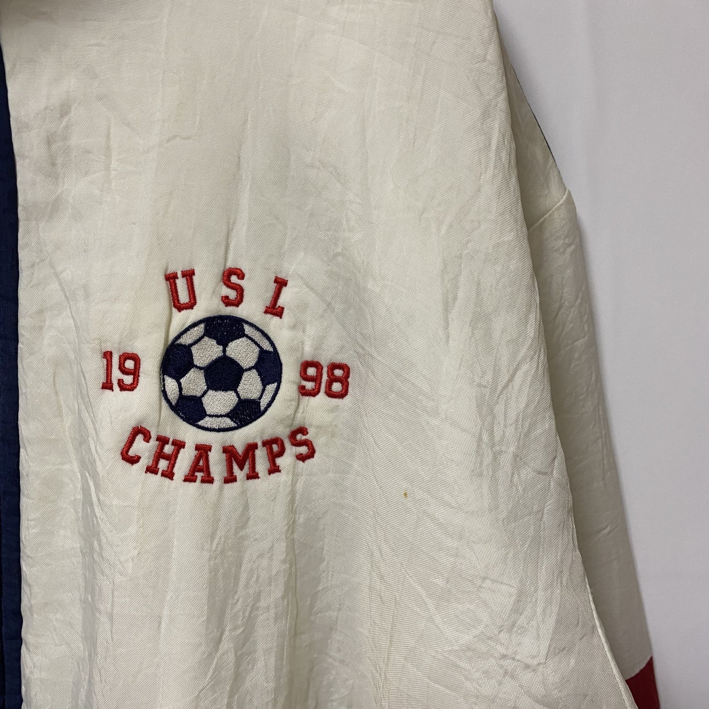 古着 used　USA製　RENNOC　長袖ジップアップブルゾン　刺繍ジャンパー　サッカー　紺　白　ビッグシルエット　XLサイズ