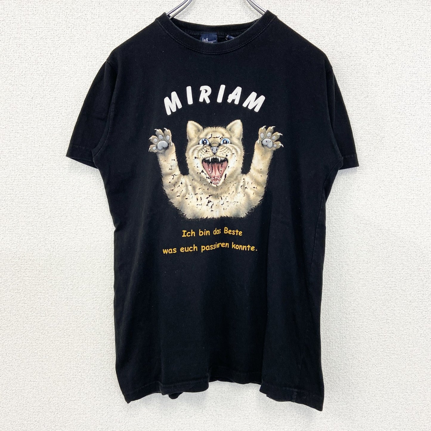 古着 used　inK　半袖プリントTシャツ　猫　MIRIAM　クルーネック　カジュアル　レトロデザイン　黒　ブラック　Sサイズ