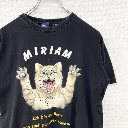 古着 used　inK　半袖プリントTシャツ　猫　MIRIAM　クルーネック　カジュアル　レトロデザイン　黒　ブラック　Sサイズ