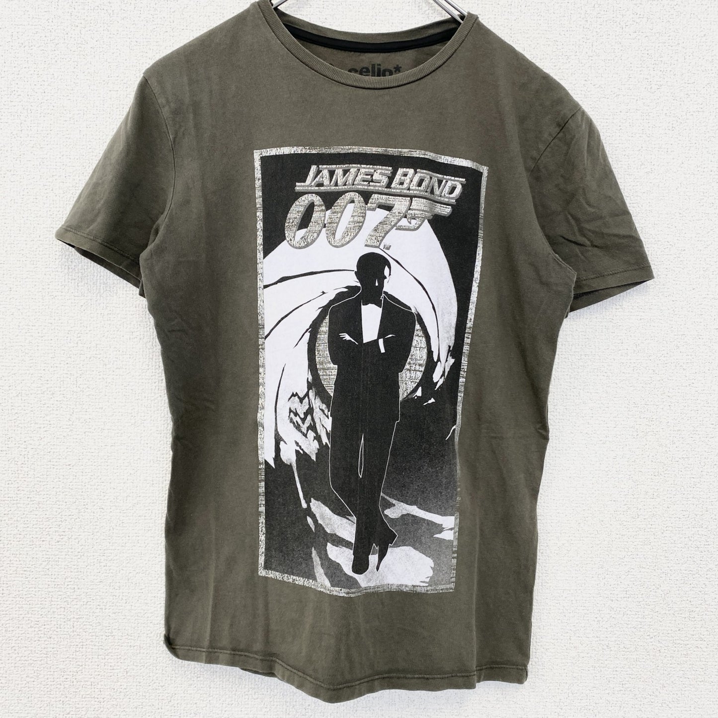 古着 used　JAMES BOND　ジェームズボンド　半袖プリントTシャツ　クルーネック　レトロデザイン　カーキグレー　Sサイズ