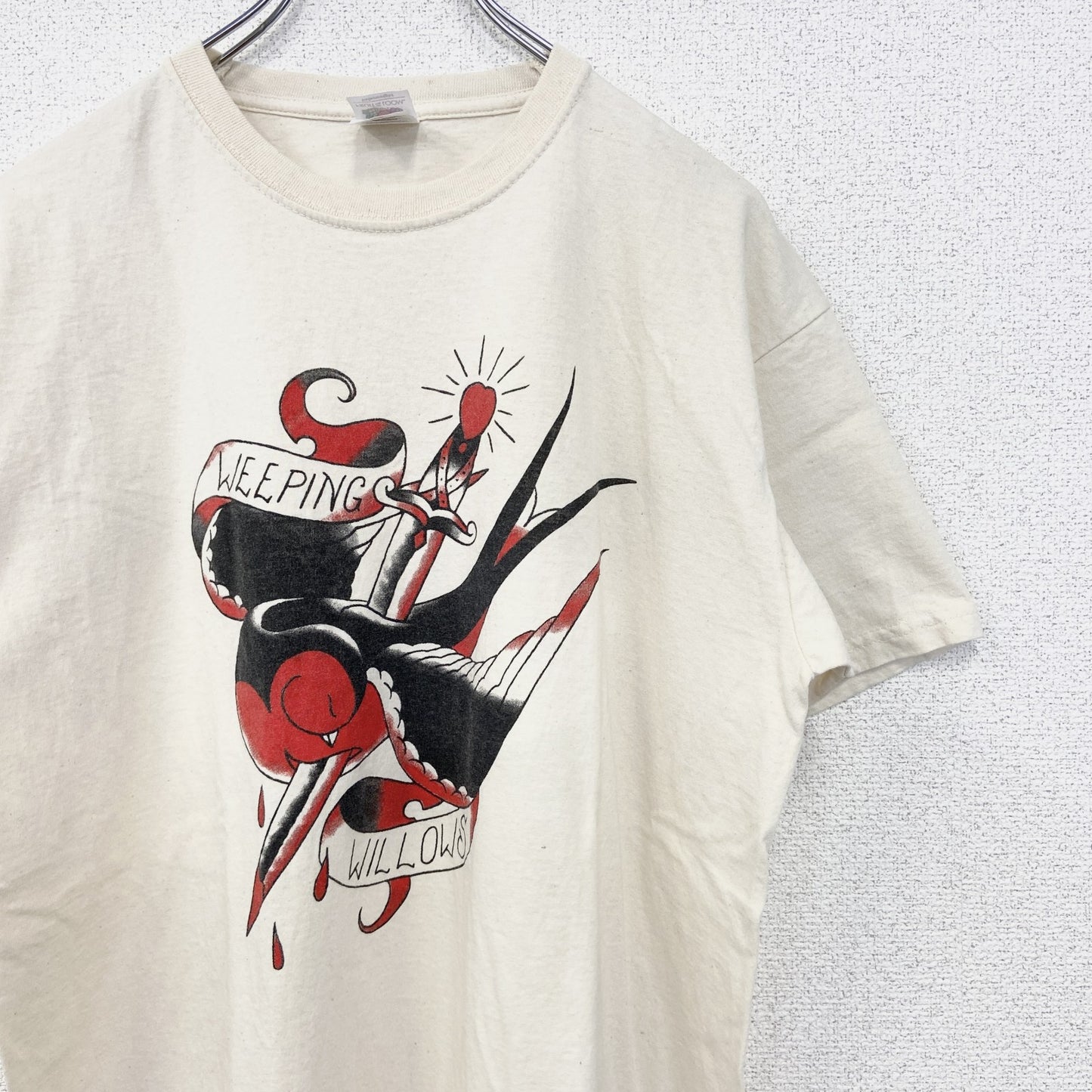 古着 used　FRUIT OF THE LOOM　半袖プリントTシャツ　アメカジ　クルーネック　レトロデザイン　白　Lサイズ