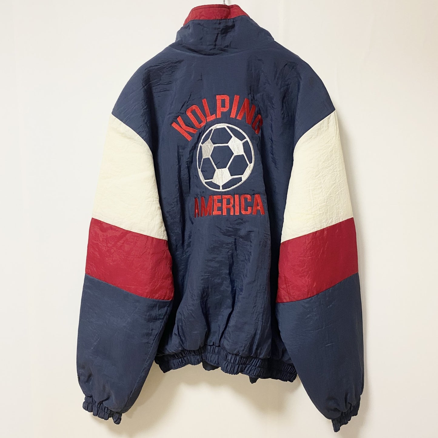 古着 used　USA製　RENNOC　長袖ジップアップブルゾン　刺繍ジャンパー　サッカー　紺　白　ビッグシルエット　XLサイズ