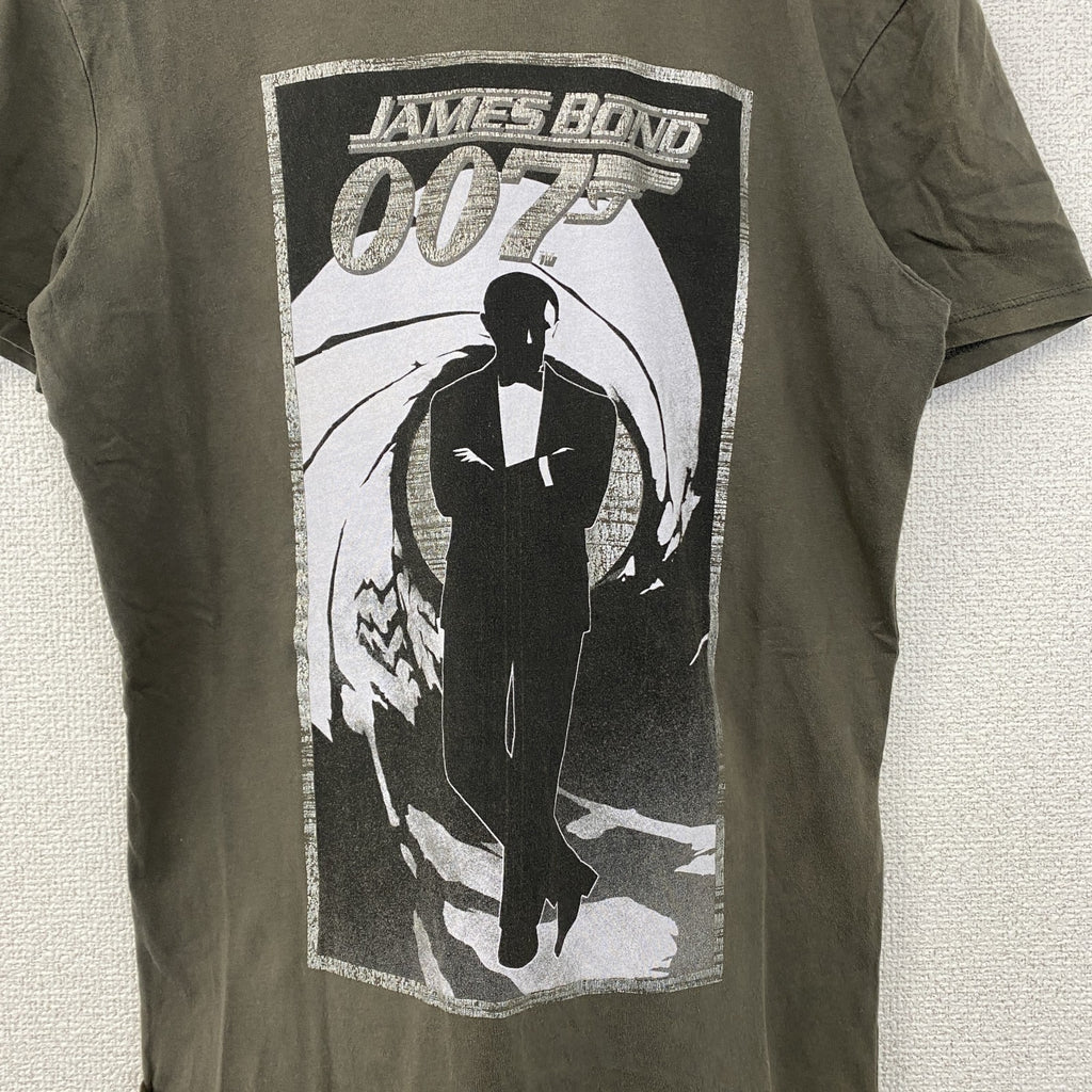 古着 used　JAMES BOND　ジェームズボンド　半袖プリントTシャツ　クルーネック　レトロデザイン　カーキグレー　Sサイズ